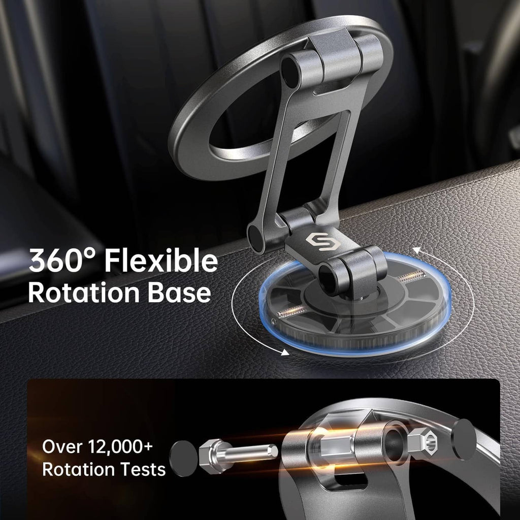 Adjustable 360° rotation magnetic phone mount base with metal clamp arm, silver