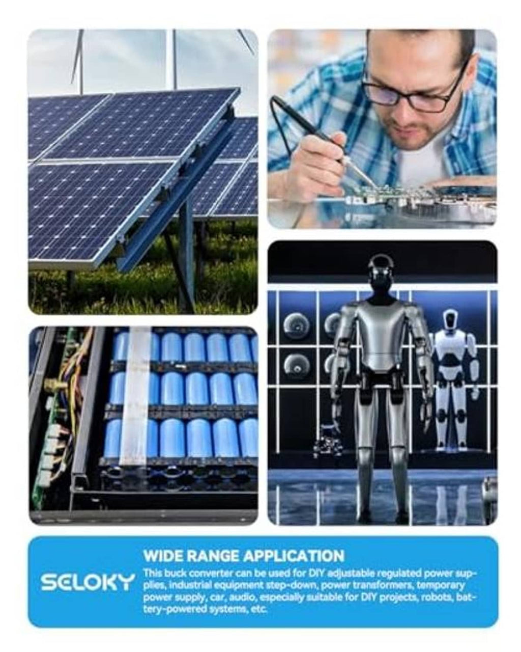 LM2596 DC-DC buck converter shown in a solar power and electronics application collage