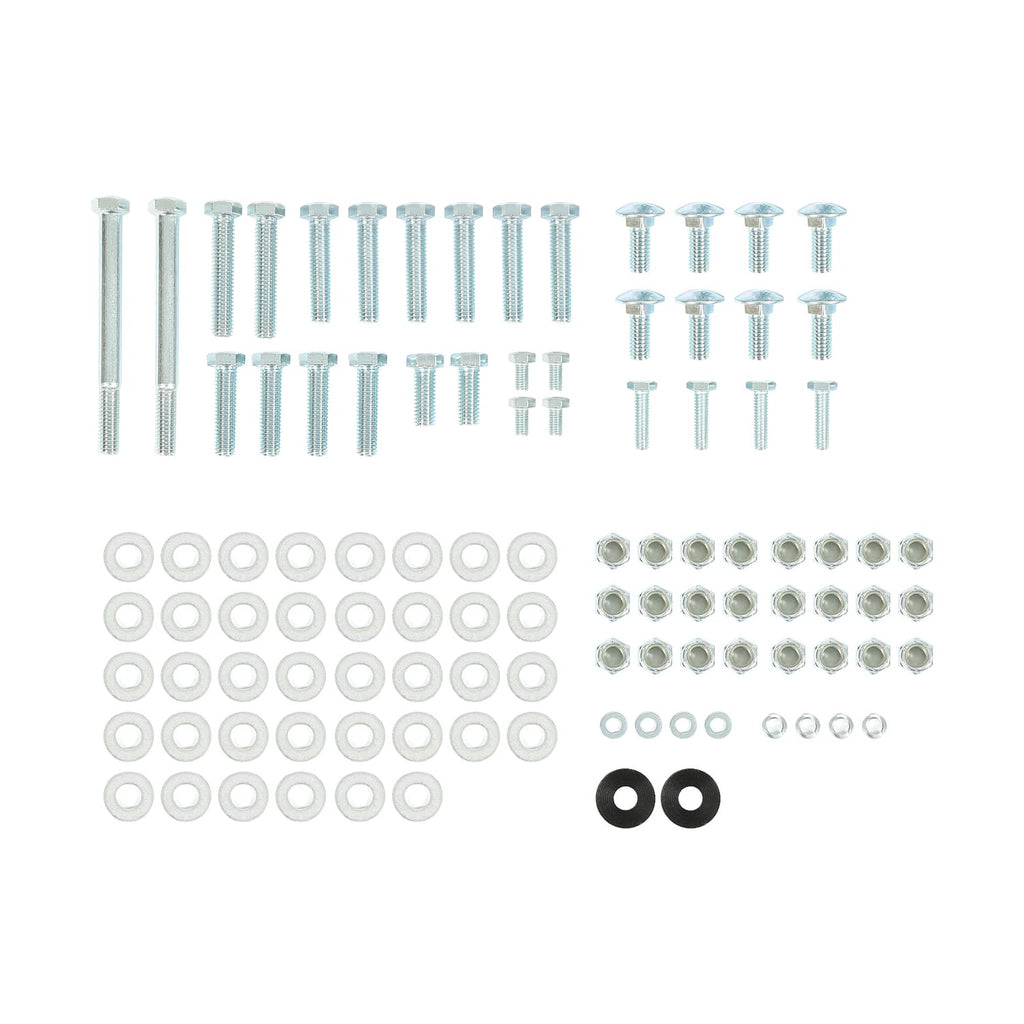 Rear seat kit hardware with screws, washers, and fastening bolts assortment