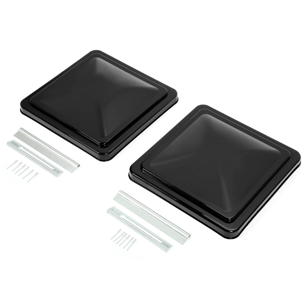 2 black RV roof vent covers with installation hardware pieces included