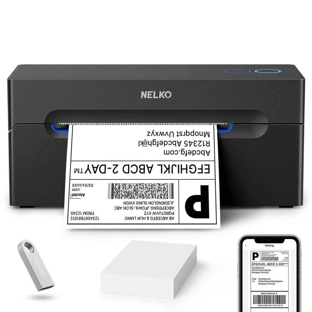 Black thermal shipping label printer with 4x6 label in front