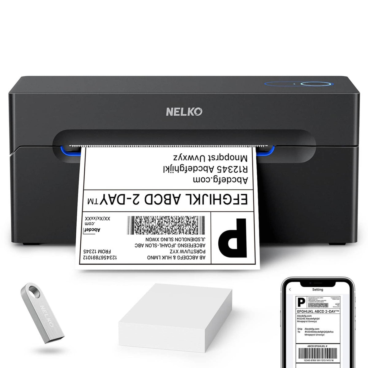 Black thermal shipping label printer with 4x6 label in front
