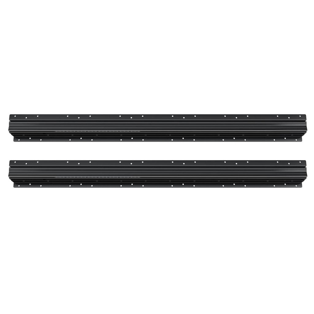 Black drawer slide rails with evenly spaced mounting holes, front view