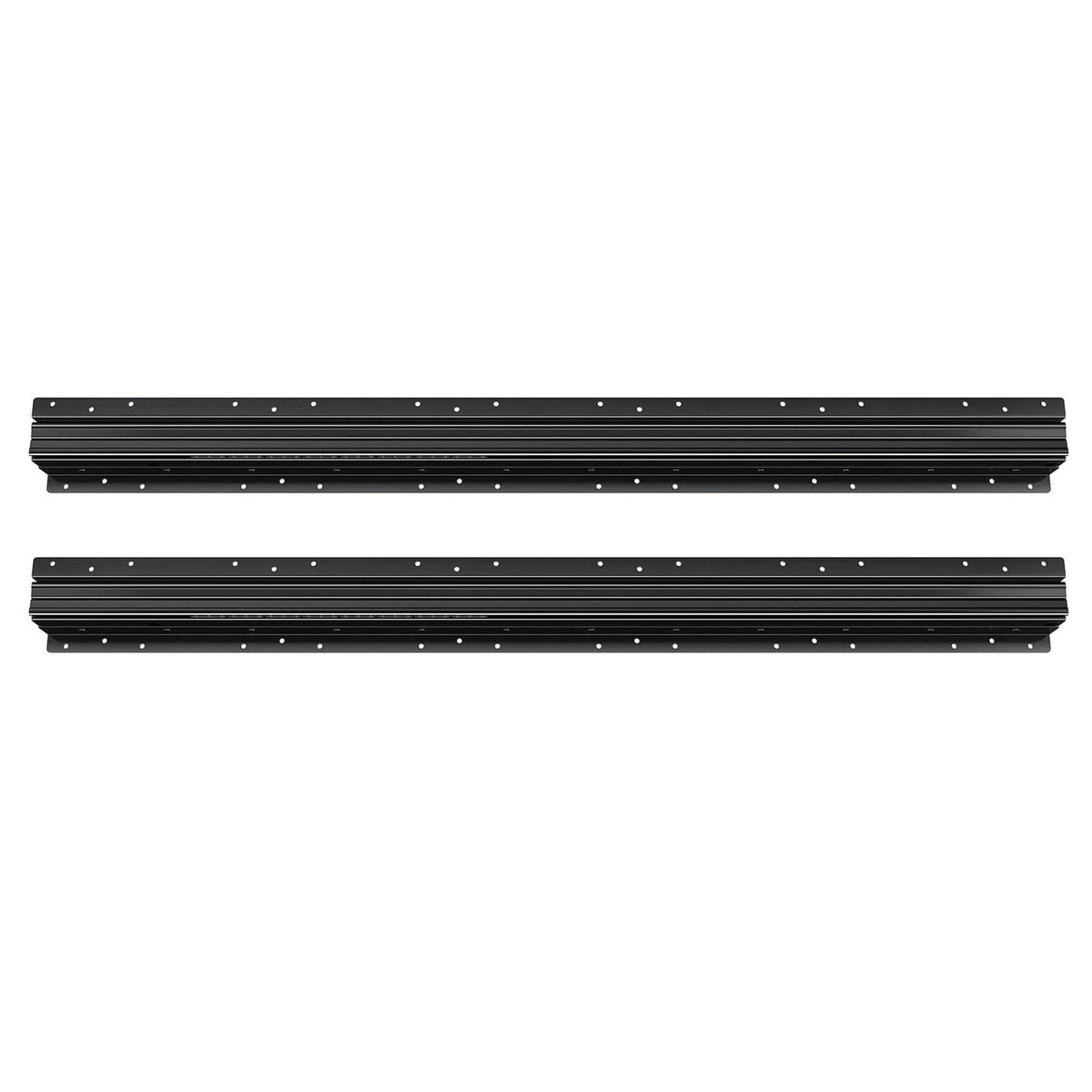 Black drawer slide rails with evenly spaced mounting holes, front view