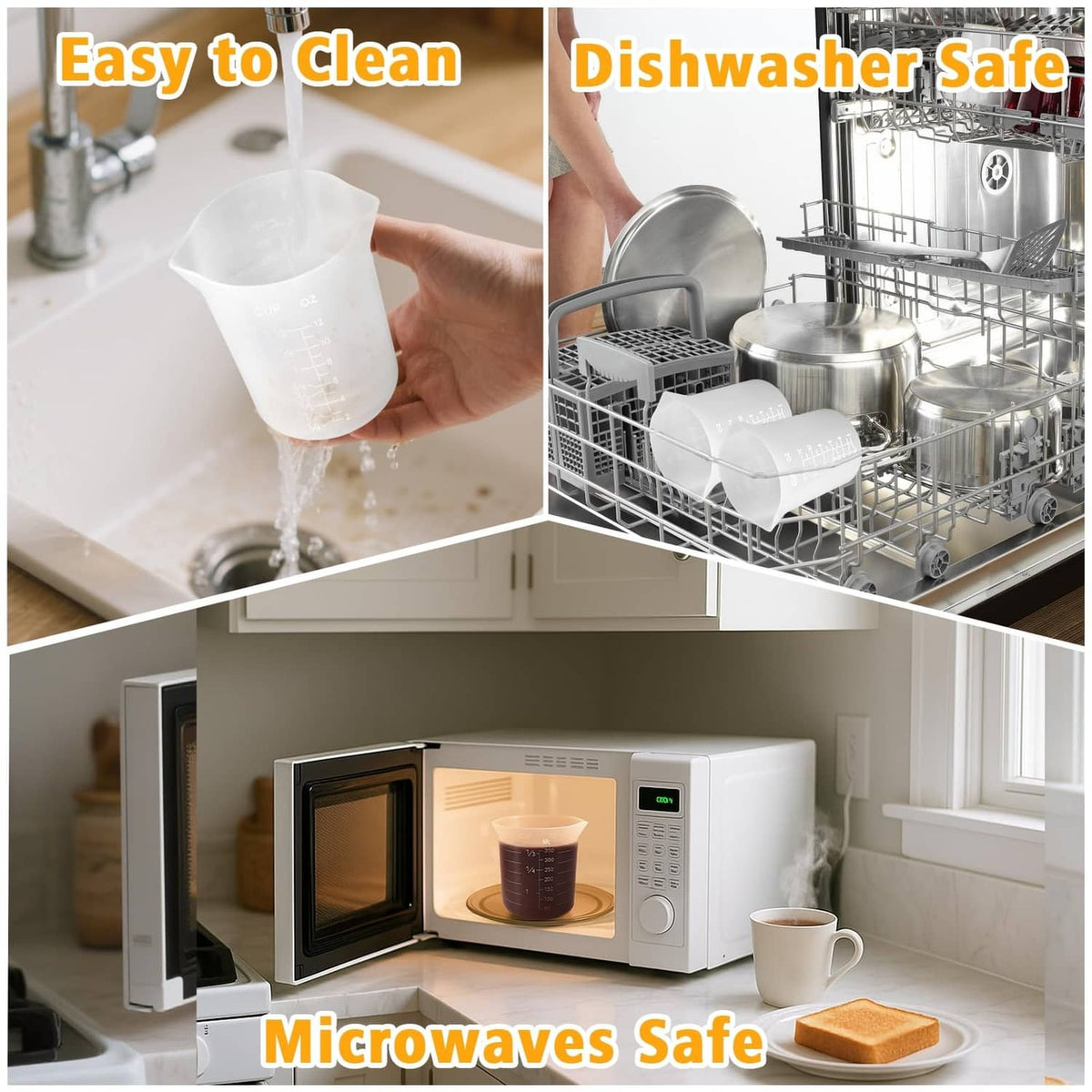 Dishwasher-safe silicone melting cups shown being rinsed and loaded on a rack
