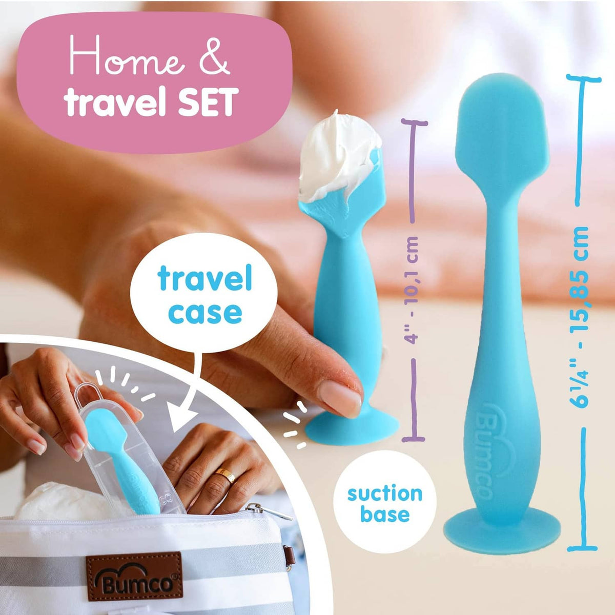 Blue baby bum brush set with travel case and two suction bases.