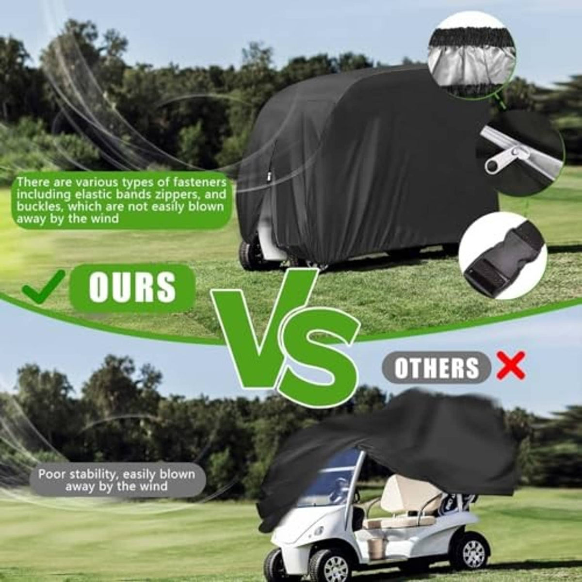 Black golf cart cover with secure fastening points and elastic bands for wind stability