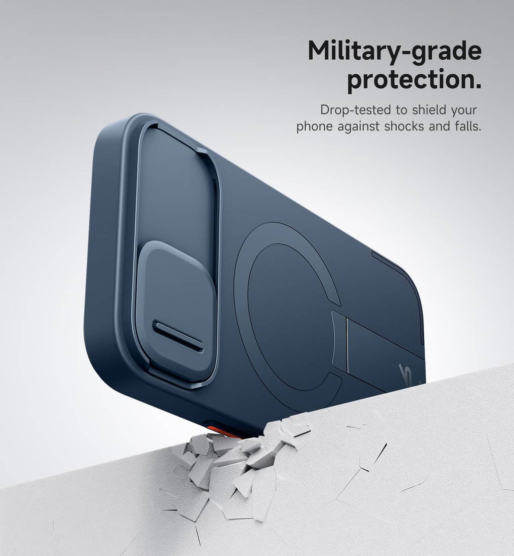 Blue iPhone case with rugged corner protection and circular grip panel