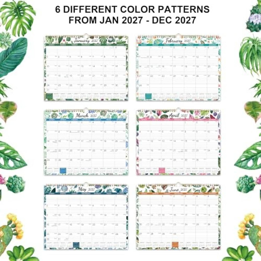 Wall calendar layout with six different color patterns for months Jan–Dec 2027