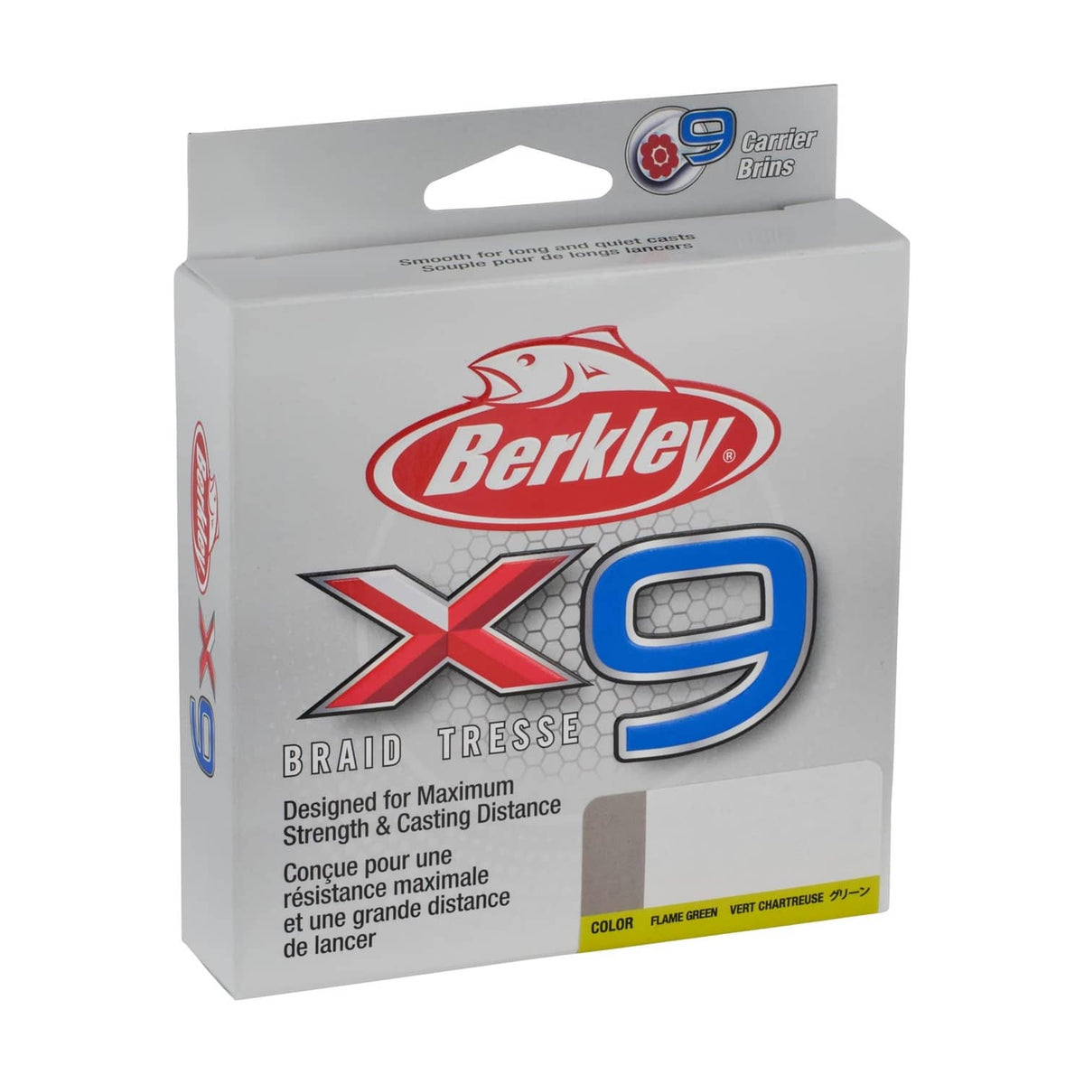 Berkley X9 braid fishing line retail box, flame green color, strong smooth casting