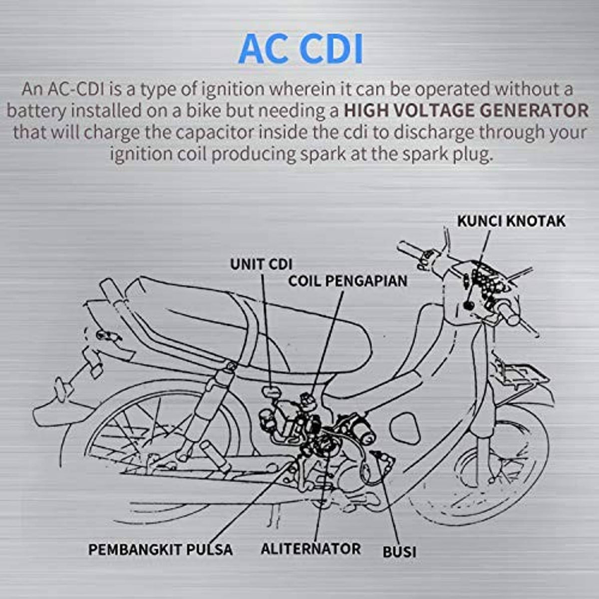 AC CDI system diagram explaining high-voltage ignition from the CDI unit and spark plug