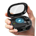 Black portable charging case with open lid and LED battery indicator