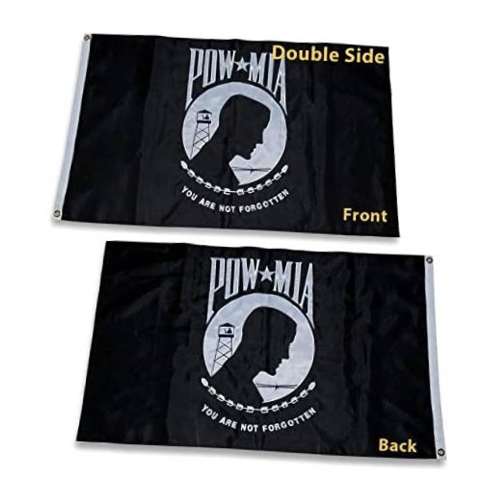 Black double-sided outdoor flag with embroidered POW*MIA emblem and chain details