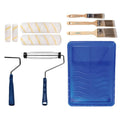 Paint roller kit with roller covers, angled brushes, and blue plastic paint tray.