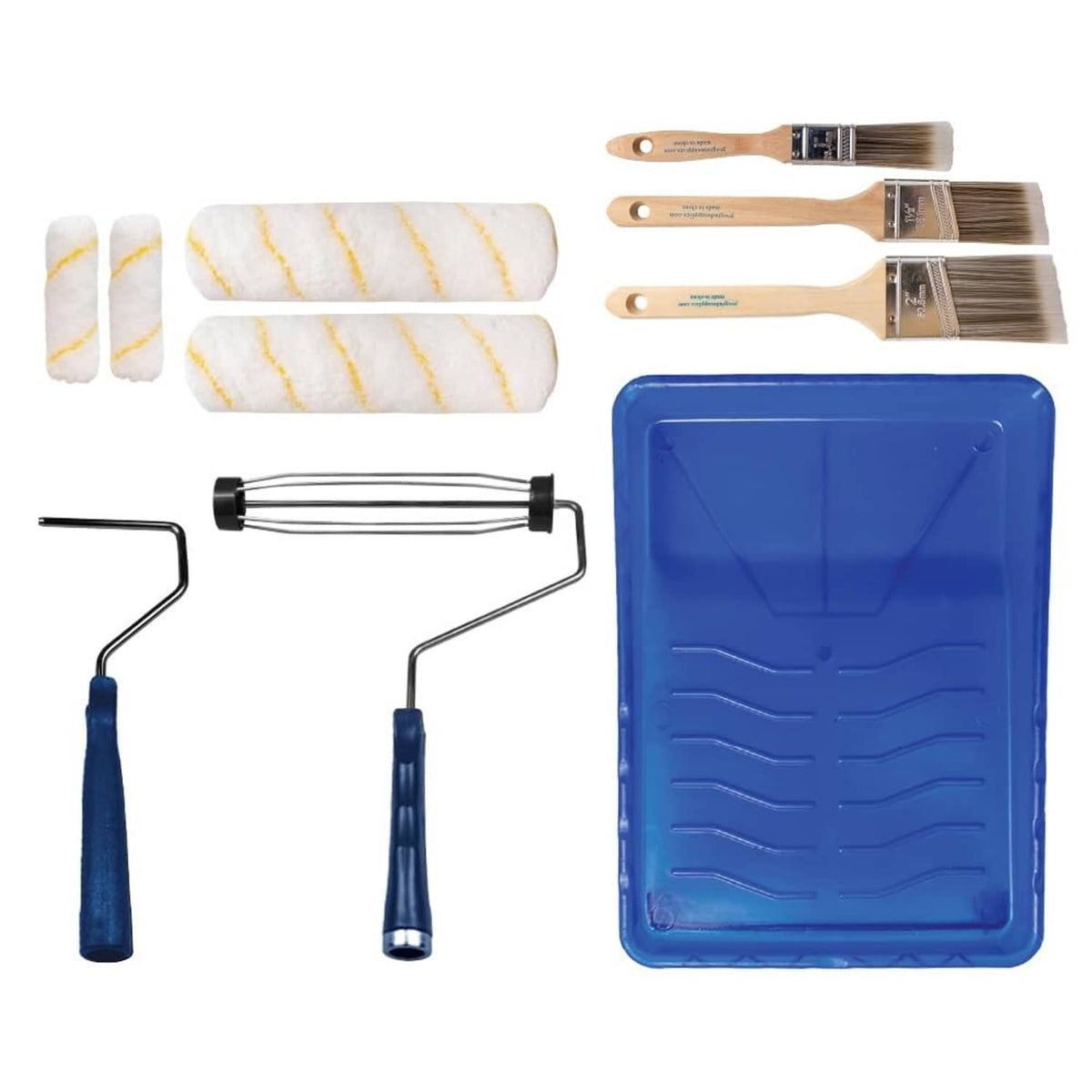 Paint roller kit with roller covers, angled brushes, and blue plastic paint tray.