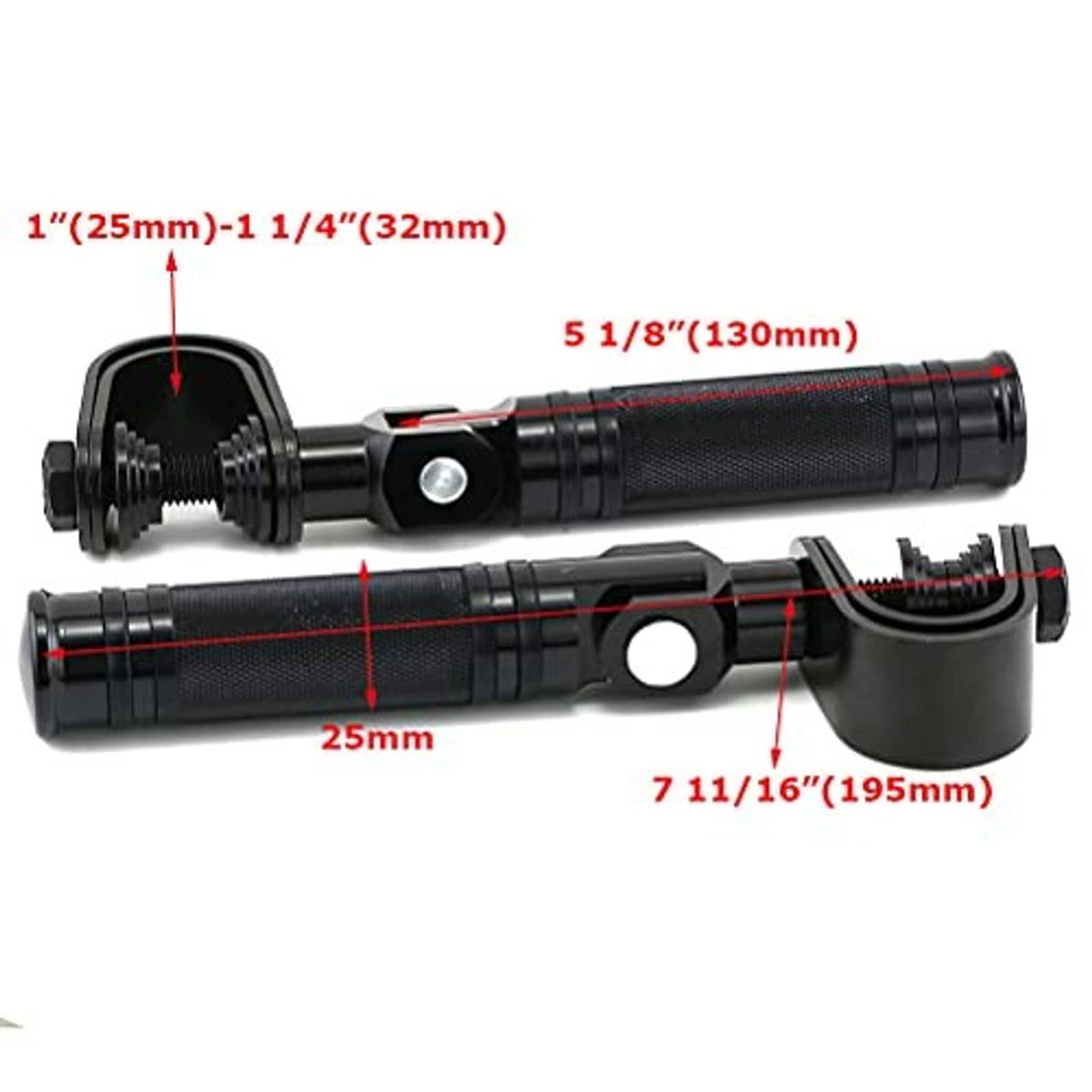 Motorcycle highway peg pair with textured grips and foldable mounting bracket