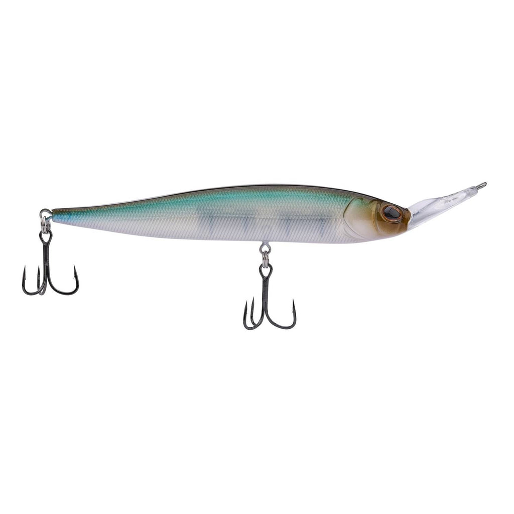 Blue-green minnow fishing lure with two treble hooks and clear lip