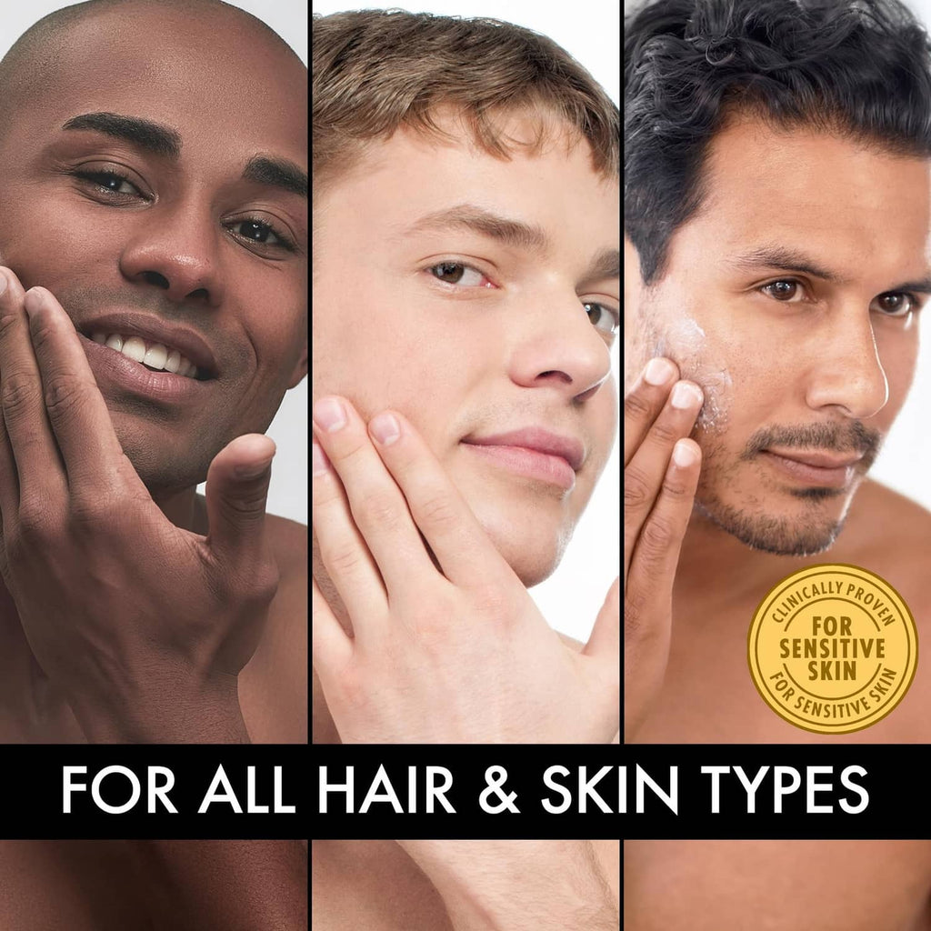 Men applying pre-shave oil to facial skin for smoother shaving.
