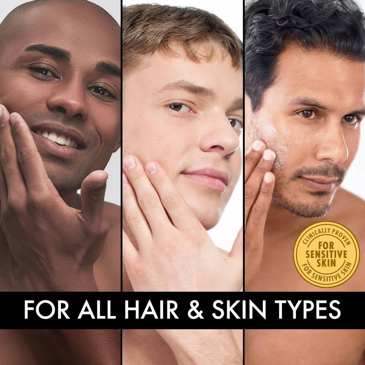 Men applying pre-shave oil to facial skin for smoother shaving.