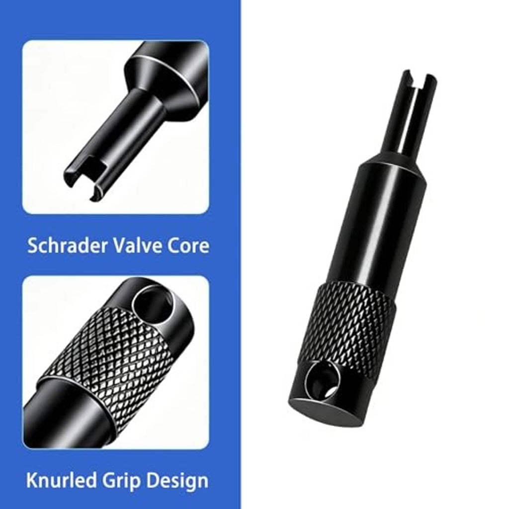 Black Schrader valve core remover with knurled grip and pointed tip