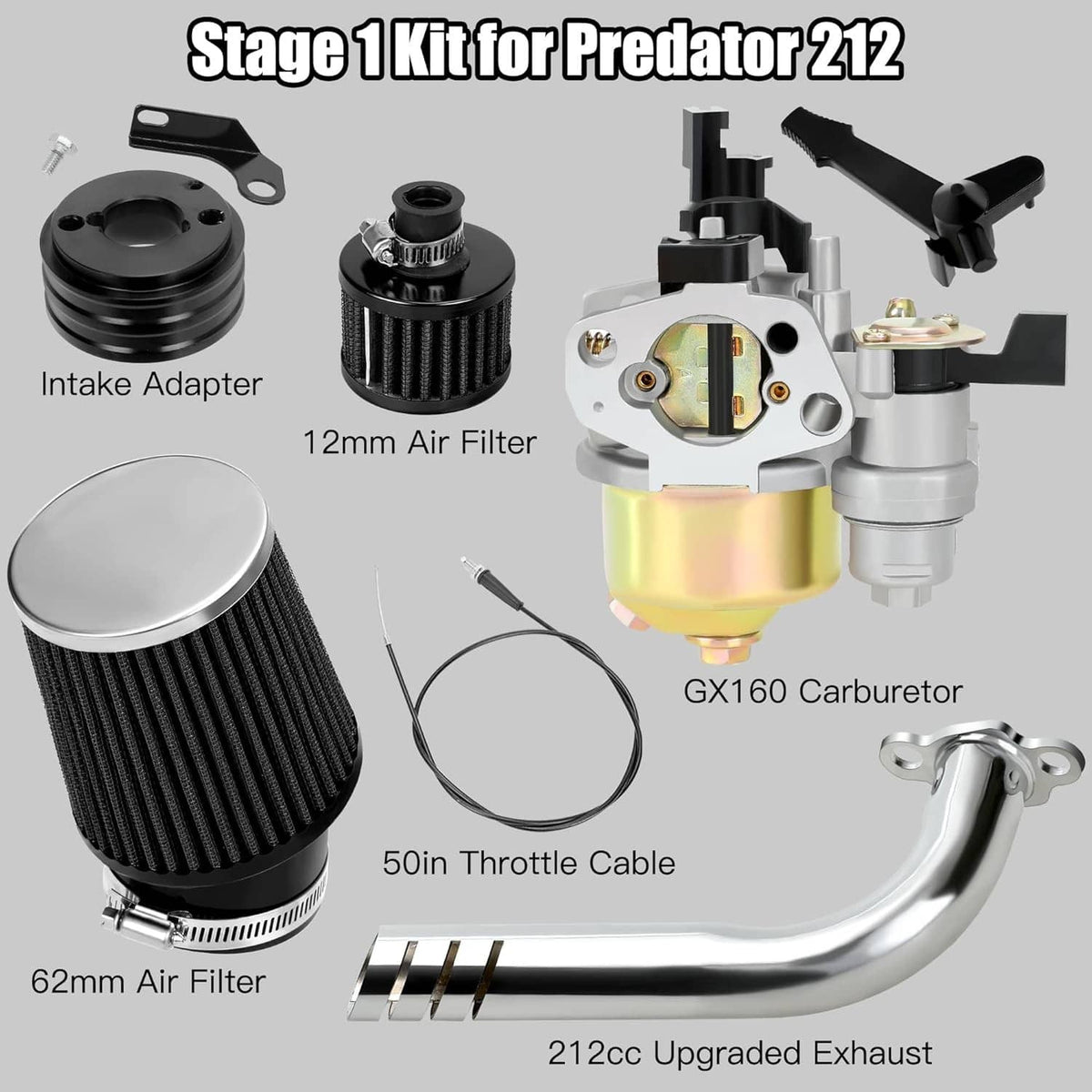 Stage 1 kit parts layout: air filters, GX160 carburetor, throttle cable, exhaust pipe