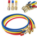 Refrigerant charging hose set with ball valves, blue/yellow/red hoses and brass connectors