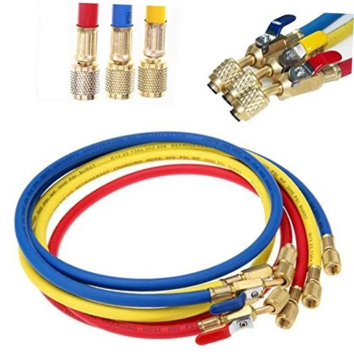 Refrigerant charging hose set with ball valves, blue/yellow/red hoses and brass connectors