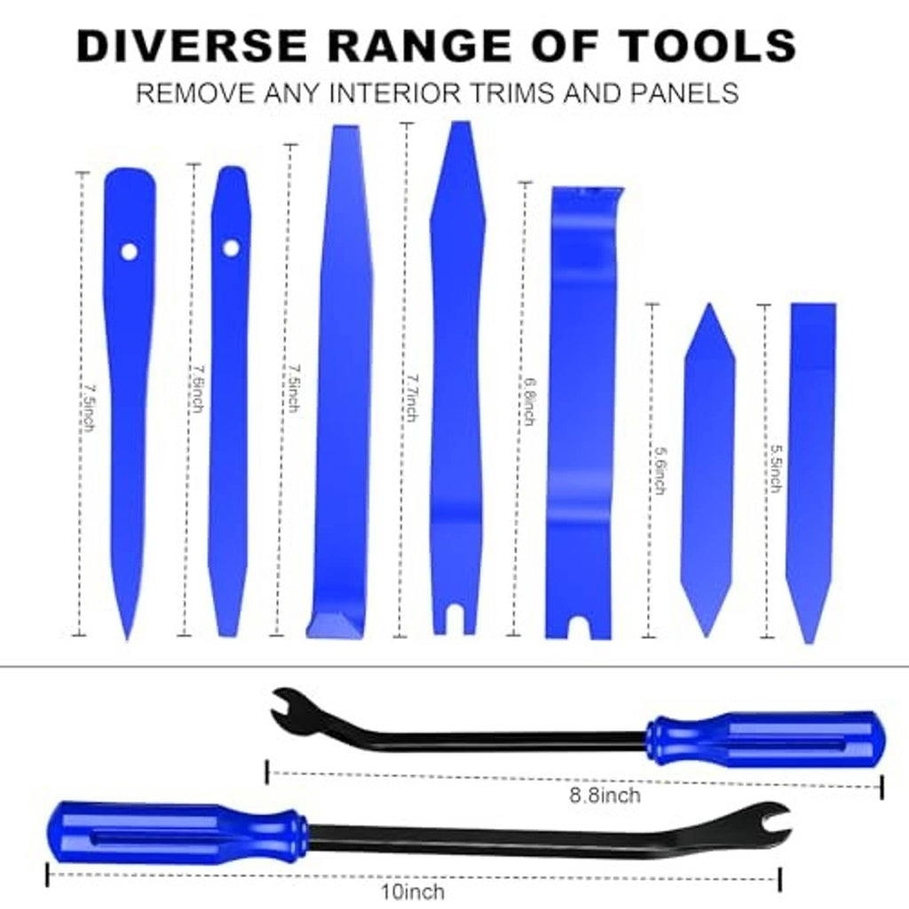 18-piece car trim removal tool set with multiple blue pry tool shapes and sizes