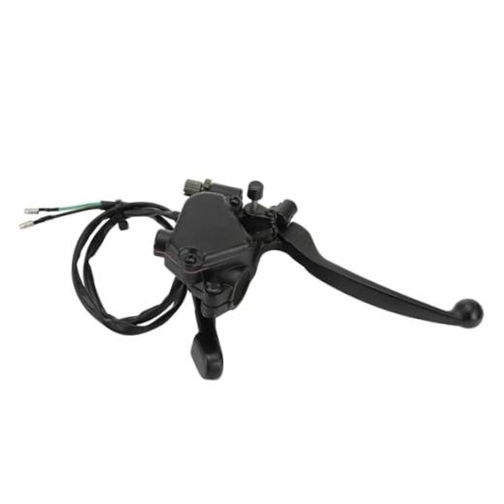 Dark thumb throttle with dual brake levers and wiring harness assembly for scooter.
