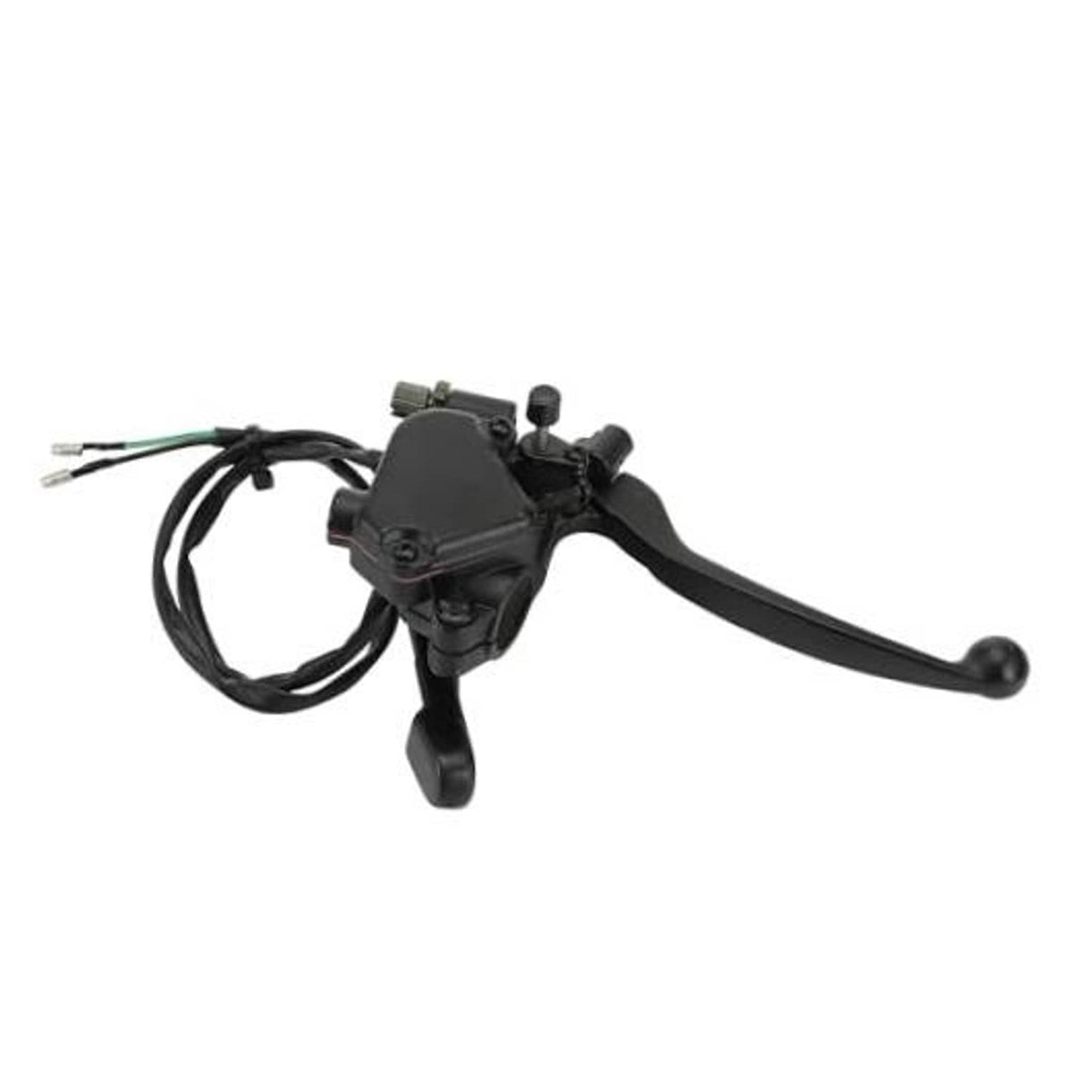 Dark thumb throttle with dual brake levers and wiring harness assembly for scooter.