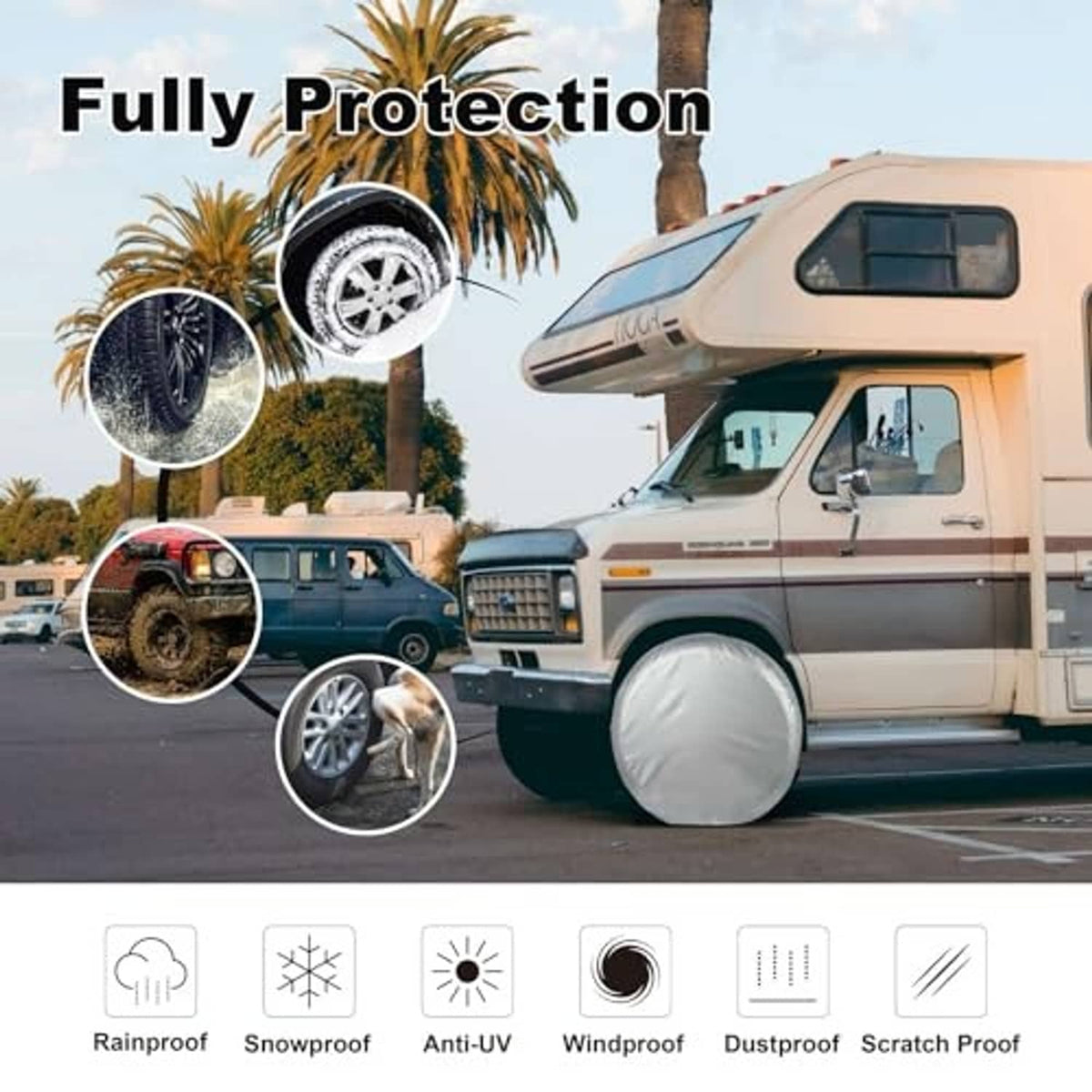 Silver-gray tire cover covering a van tire, round fabric cover with elastic edge