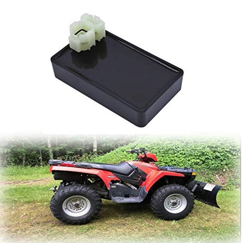 Black ignition control box with white connector, angled view