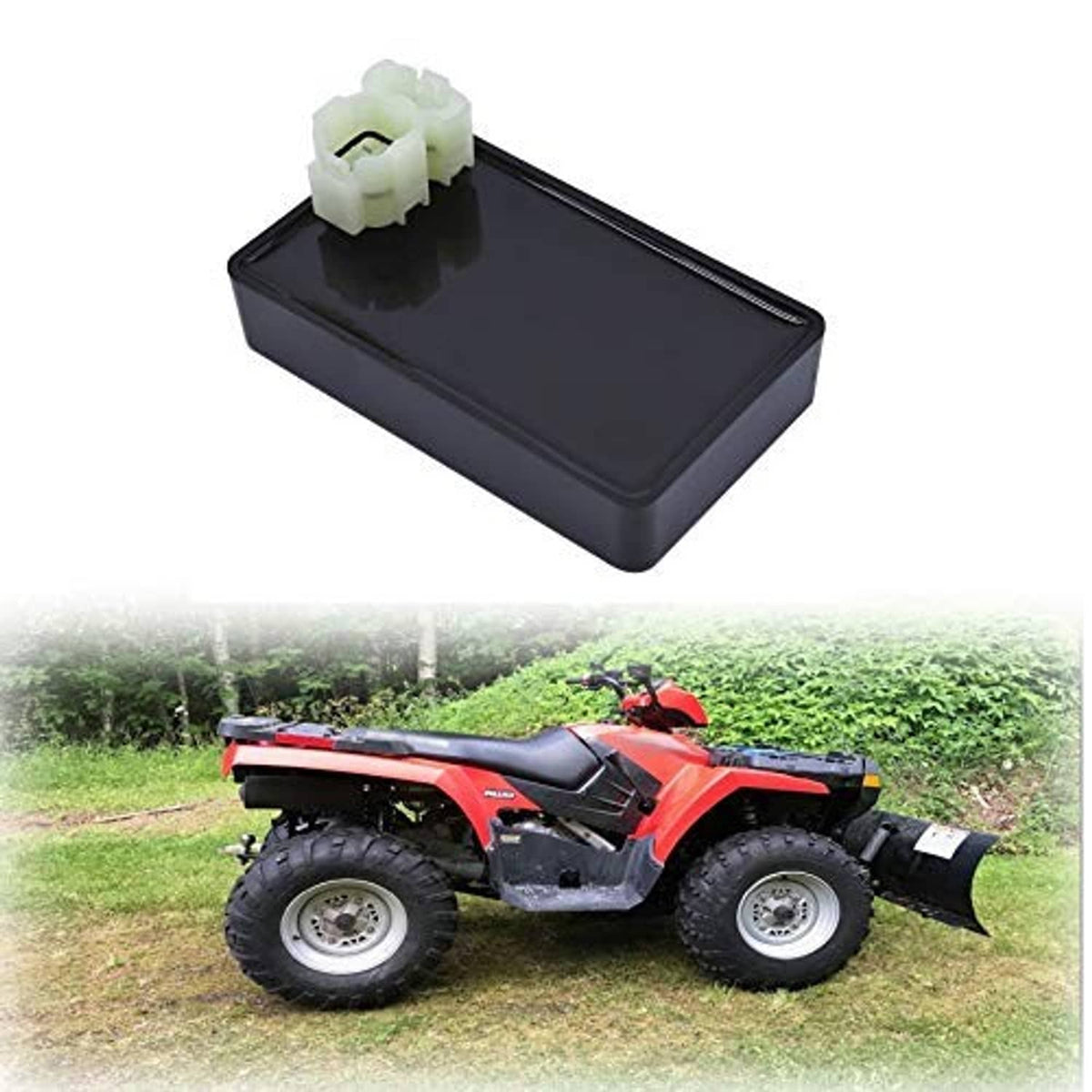 Black ignition control box with white connector, angled view