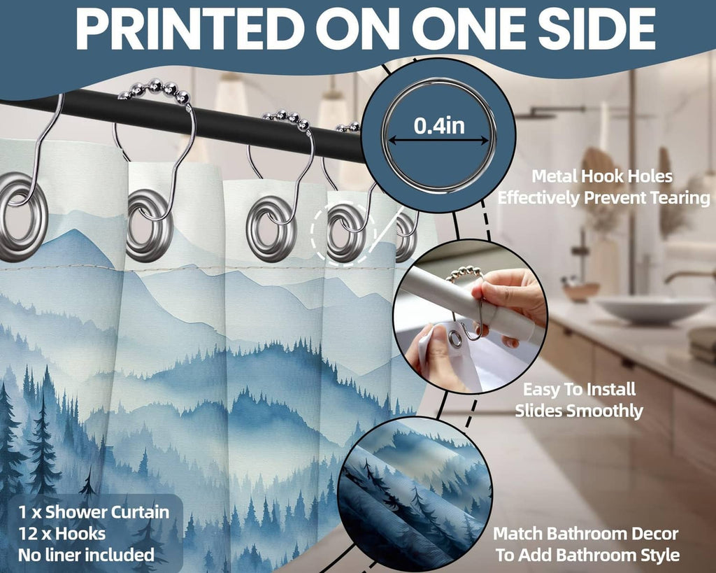 Forest mountain shower curtain with metal hook holes and smooth-install rings