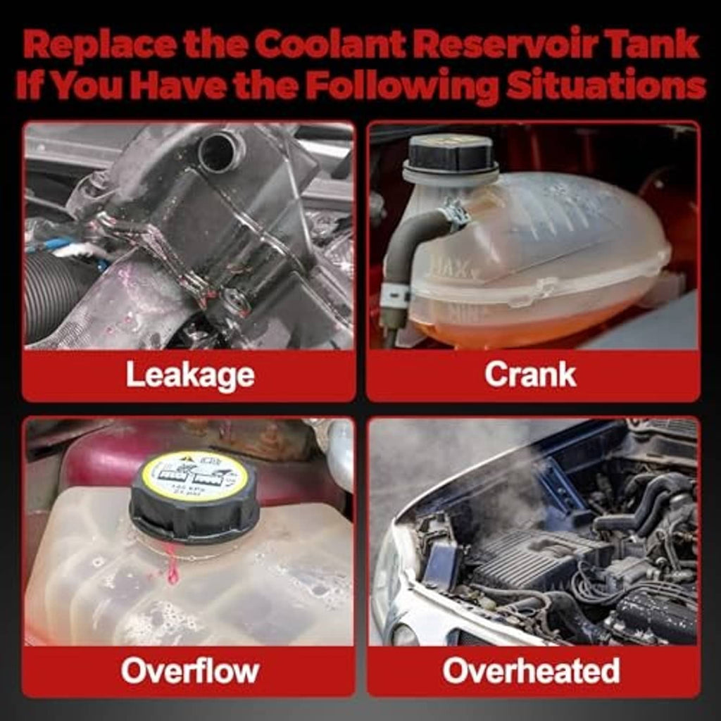 Coolant reservoir tank replacement graphic showing leak, crank, overflow, and overheat