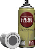 Gun metal colour primer spray can with front label and circular lid, 13.5 oz