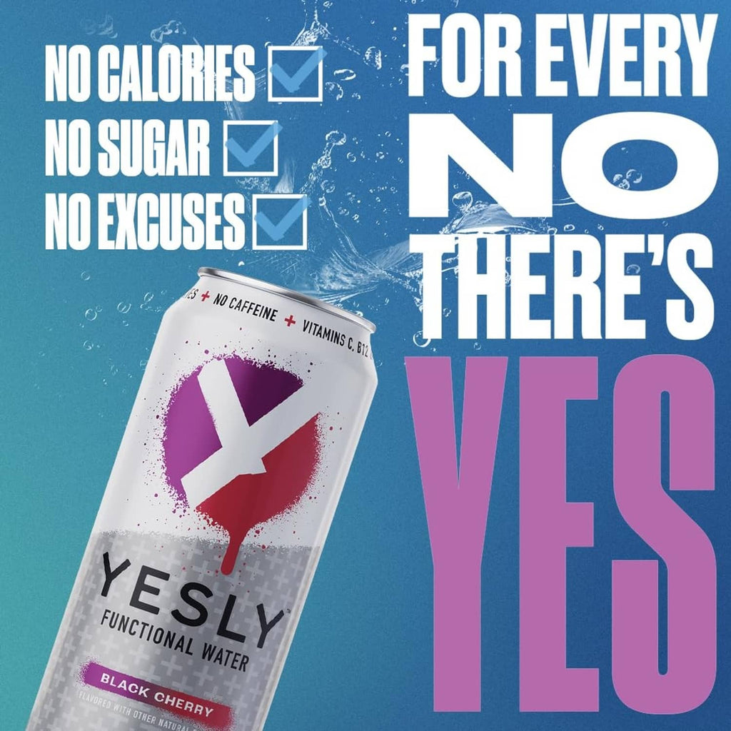 Black Cherry functional water can with ad text: no calories, no sugar, no excuses