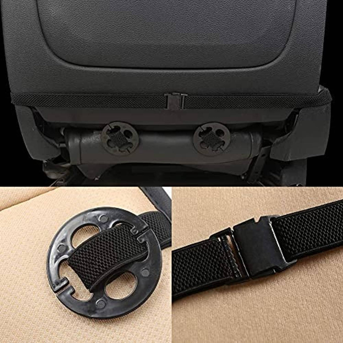 Black quilted front seat protector with clip and hook attachment details