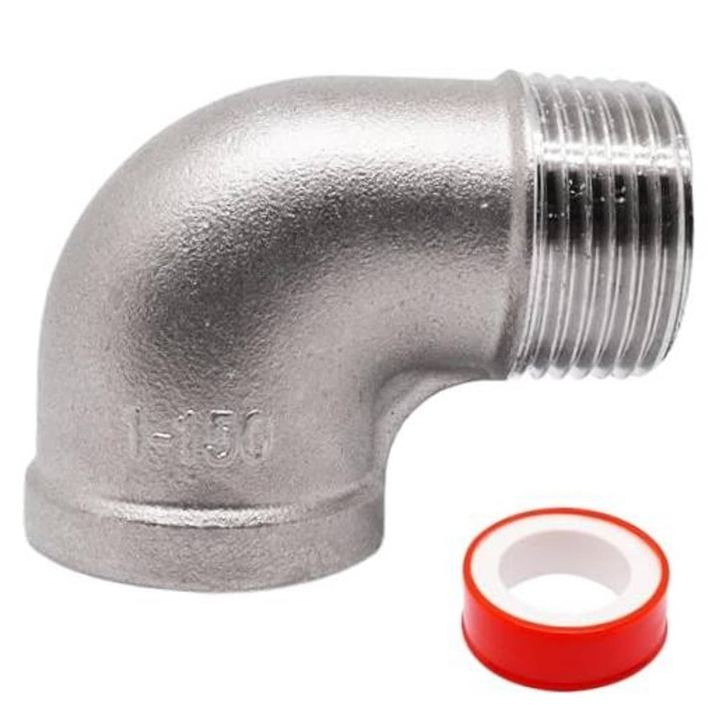 90-degree stainless steel elbow fitting with male and female NPT threads, silver finish