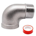 90-degree stainless steel elbow fitting with male and female NPT threads, silver finish