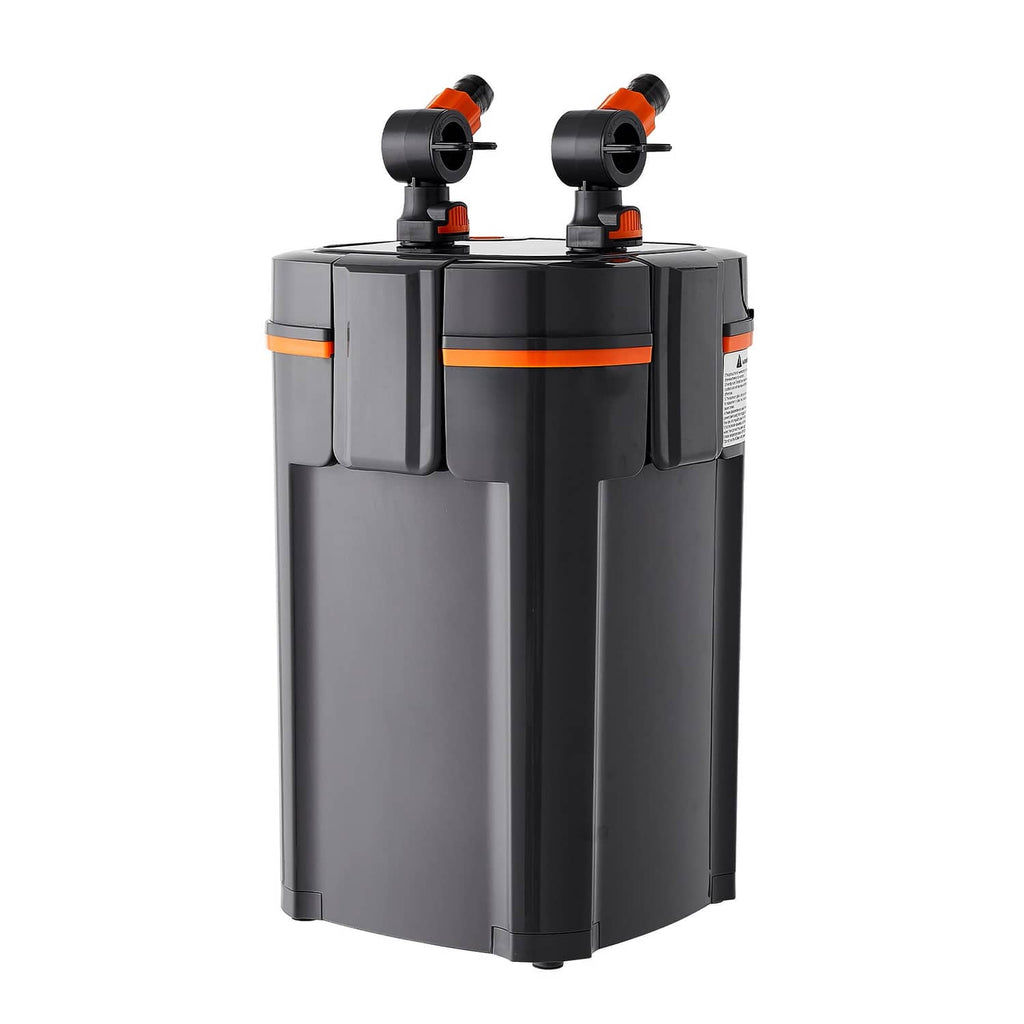 External aquarium canister filter with two top inlet/outlet ports, black and gray with orange accents