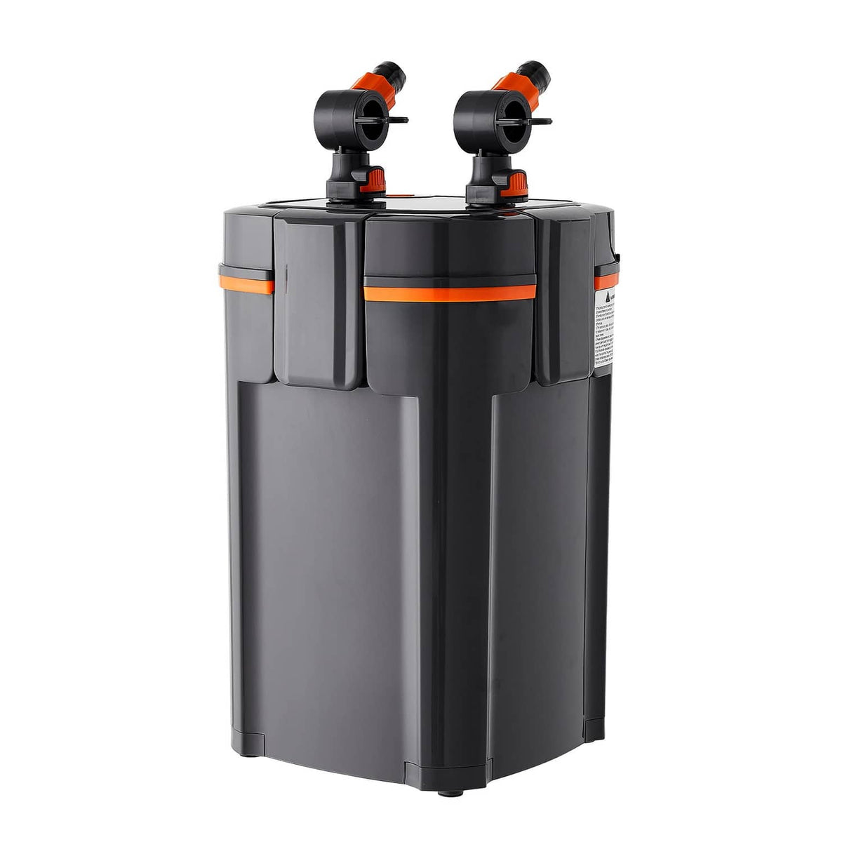 External aquarium canister filter with two top inlet/outlet ports, black and gray with orange accents