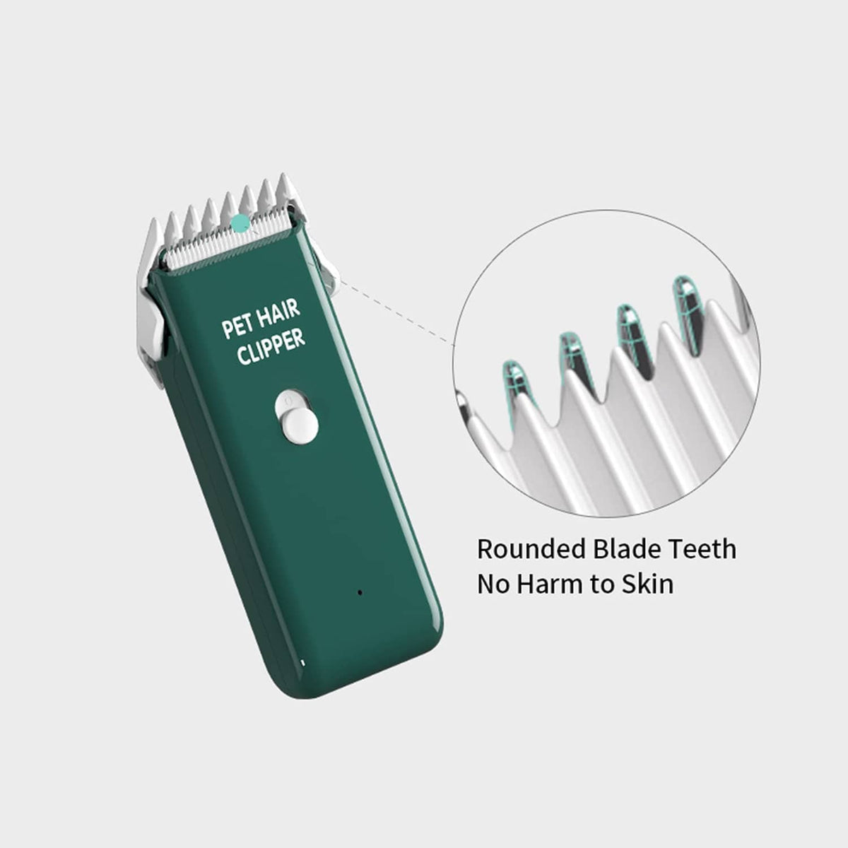 Green pet hair clipper with rounded blade teeth, no-harm to skin shown