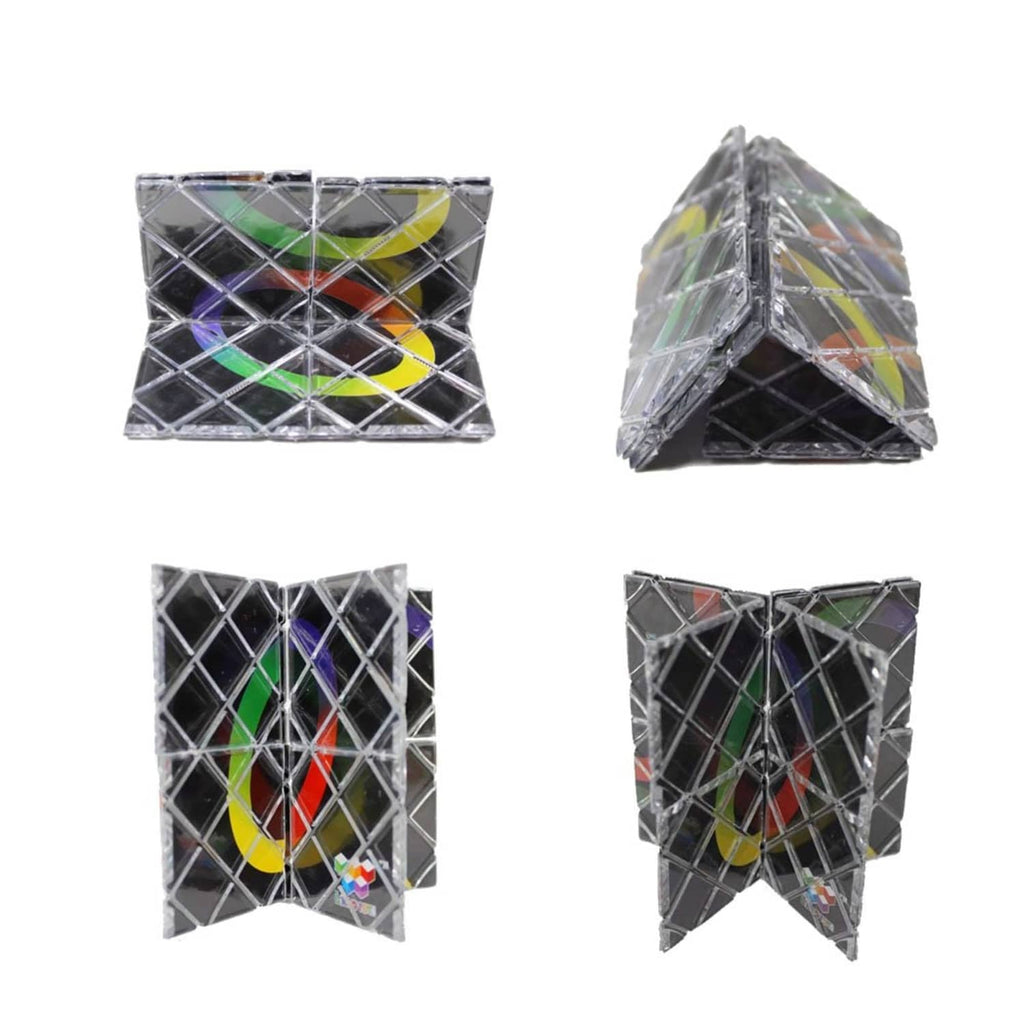 Folding puzzle board shown in multiple folded angles, black grid with ring pattern