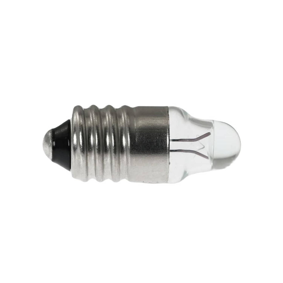 Mini E10 screw-base bulb angled view, clear glass with metal threaded body