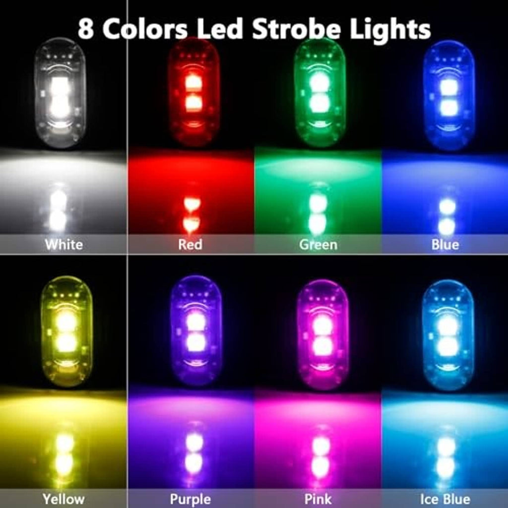 Set of LED strobe lights showing multiple color modes: white, red, green, blue