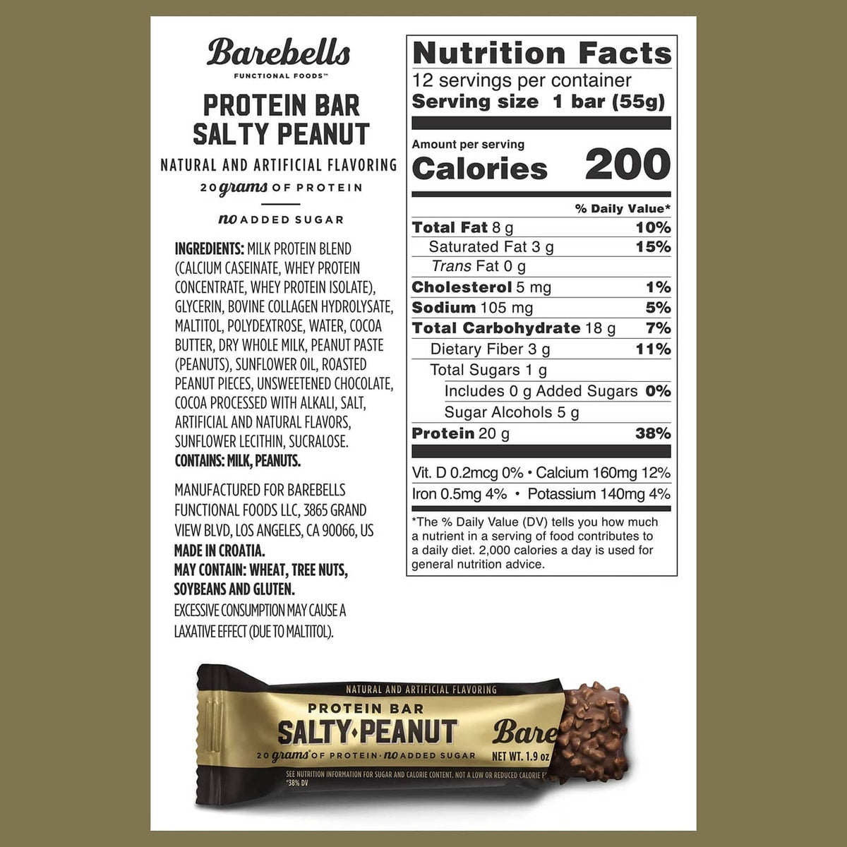 Nutrition facts panel for Salty Peanut protein bar with small bar shown