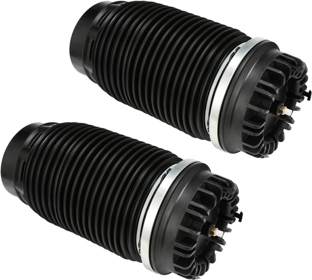 Pair of black rear air suspension spring bags with metal mounting cap and valve fitting