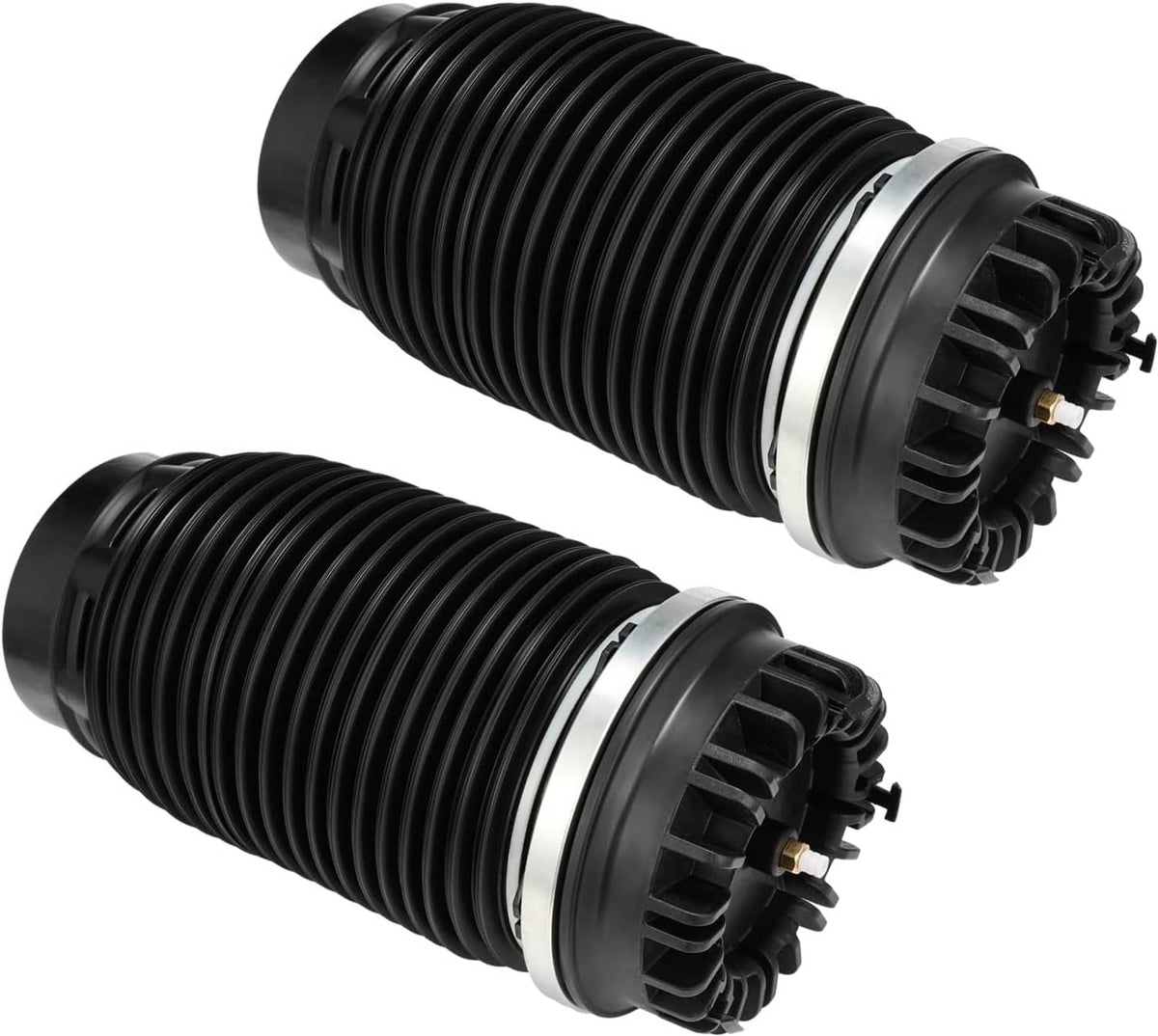 Pair of black rear air suspension spring bags with metal mounting cap and valve fitting