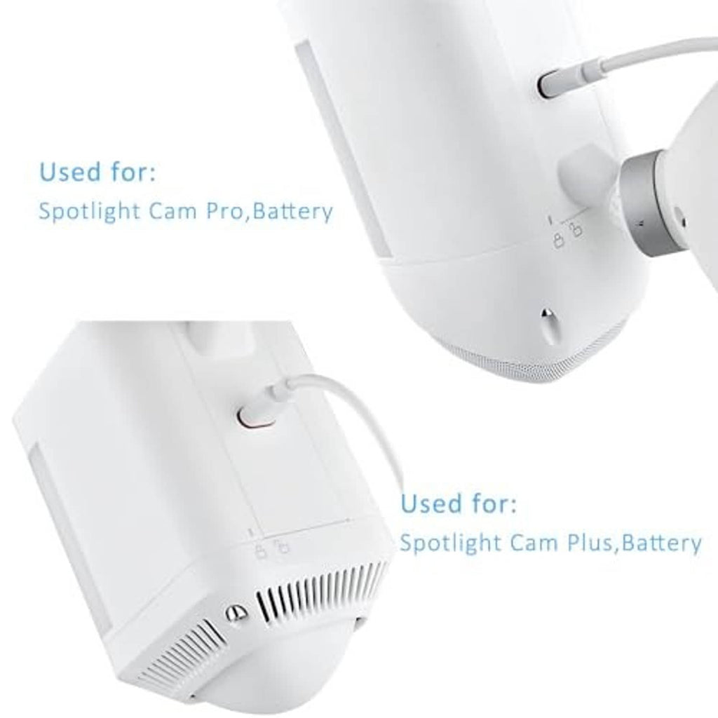 Close-up of white solar security camera charger with installed battery housing